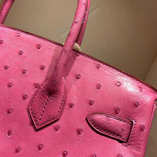 Hermes女包 愛馬仕Birkin30cm Hermes鉑金包 Ostrich鴕鳥皮 全手縫蠟線 5J Fuchsia桃粉色  am1897